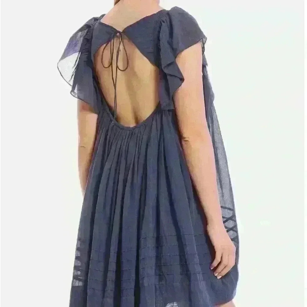 Free People Women's Hailey Cotton Ruffle Short Sleeve Mini Dress Navy M $148 NWT - Picture 12 of 12
